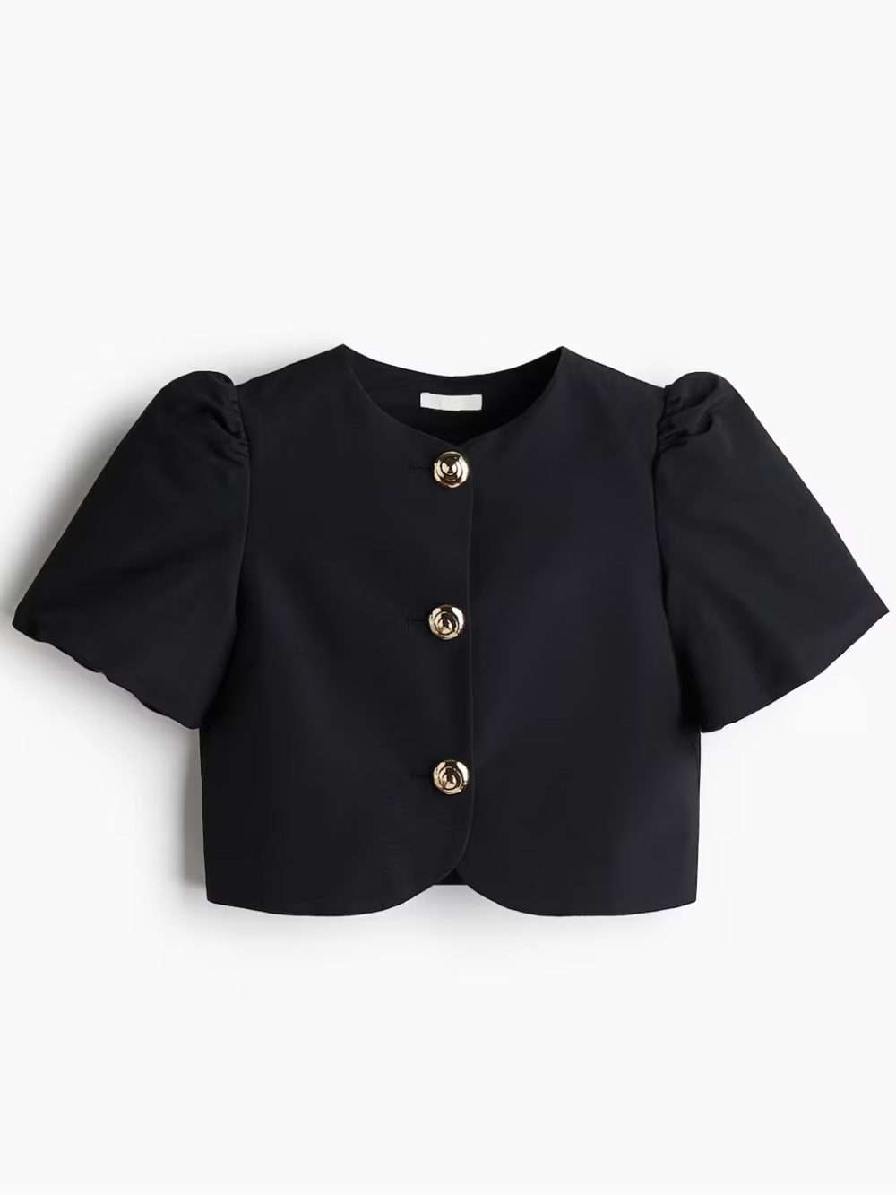 H&M Black Puff-Sleeve Blouse with Gold Sculptural Buttons